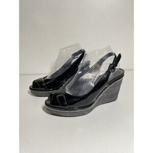 Stuart Weitzman EUC Black Patent Excise Slingback Open Toe Wedge Heel Size 8 M